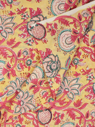 Yellow Coral Teal Hand Block Printed Cotton Fabric Per Meter - F001F2354