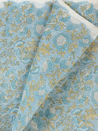Blue Yellow Hand Block Printed Cotton Fabric Per Meter - F001F2307