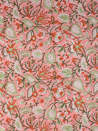 Peach Green Orange Hand Block Printed Cotton Fabric Per Meter - F001F2355