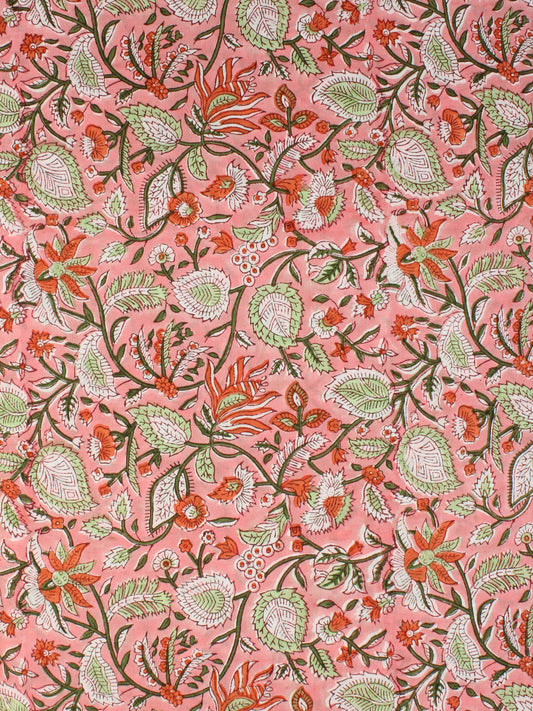 Peach Green Orange Hand Block Printed Cotton Fabric Per Meter - F001F2355