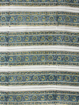 White Steel Blue Grey Yellow Hand Block Printed Cotton Fabric Per Meter - F001F2280