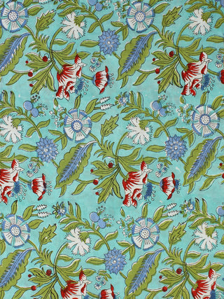 Green Blue Red Hand Block Printed Cotton Fabric Per Meter - F001F2308