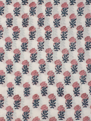 White Teal Blue Pink Hand Block Printed Cotton Fabric Per Meter - F001F2338