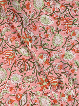 Peach Green Orange Hand Block Printed Cotton Fabric Per Meter - F001F2355