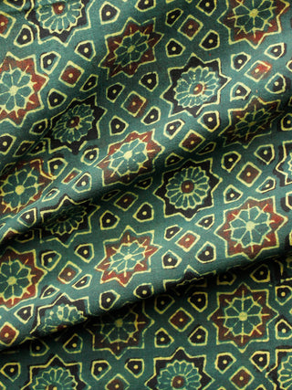 Green Rust Black Yellow Ajrakh Hand Block Printed Cotton Fabric Per Meter - F003F1589
