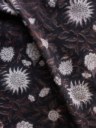 Black Brown White Hand Block Printed Cotton Fabric Per Meter - F003F1330
