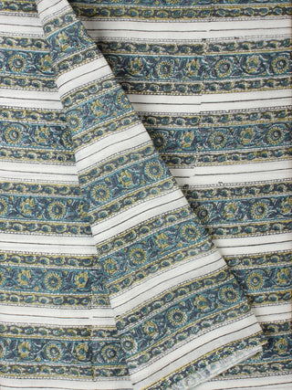 White Steel Blue Grey Yellow Hand Block Printed Cotton Fabric Per Meter - F001F2280