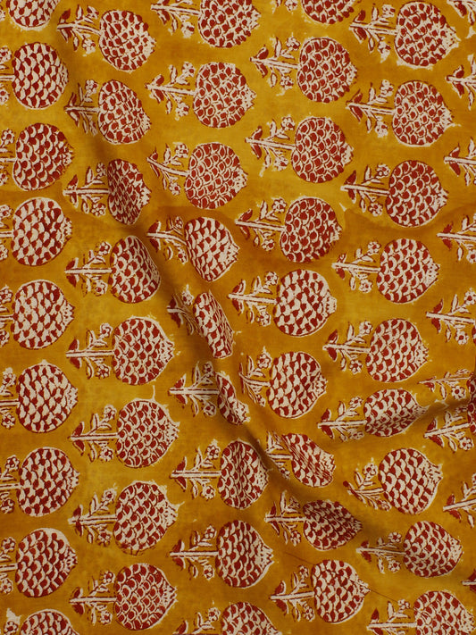 Mustard Yellow Maroon Hand Block Printed Cotton Fabric Per Meter - F001F782