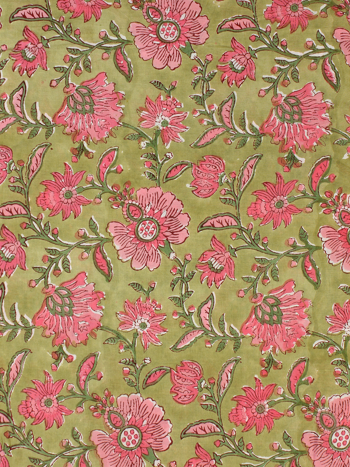 Olive Green Pink Hand Block Printed Cotton Fabric Per Meter - F001F2309