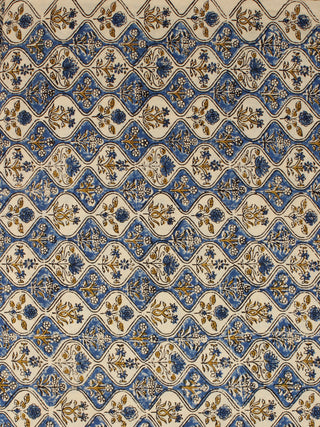 Indigo Beige Mustard Hand Block Printed Cotton Fabric Per Meter - F001F2356