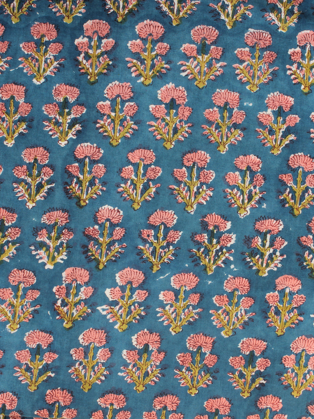 Teal Blue Pink Green Hand Block Printed Cotton Fabric Per Meter - F001F2174