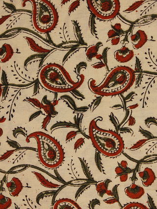 Beige Maroon Green Hand Block Printed Cotton Fabric Per Meter - F001F783