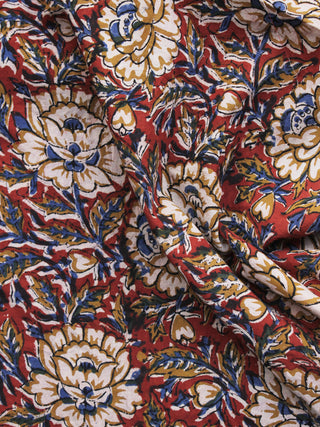 Red Peanut Brown Blue Hand Block Printed Cotton Fabric Per Meter - F001F1144