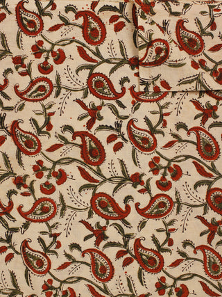 Beige Maroon Green Hand Block Printed Cotton Fabric Per Meter - F001F783