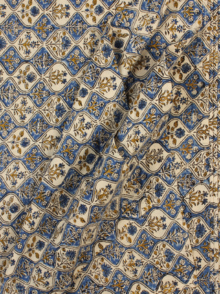 Indigo Beige Mustard Hand Block Printed Cotton Fabric Per Meter - F001F2356