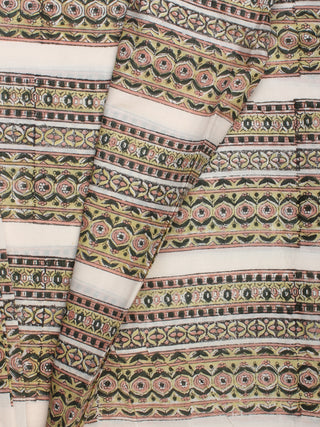 Green Pink White Hand Block Printed Cotton Fabric Per Meter - F001F2219