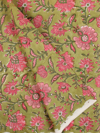 Olive Green Pink Hand Block Printed Cotton Fabric Per Meter - F001F2309