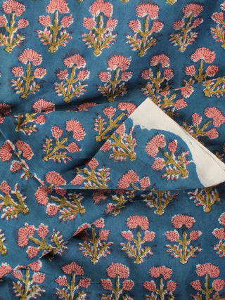 Teal Blue Pink Green Hand Block Printed Cotton Fabric Per Meter - F001F2174