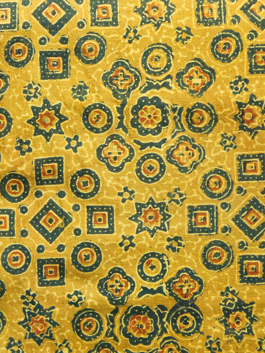 Mustard Ivory Green Ajrakh Printed Cotton Fabric Per Meter - F003F1521