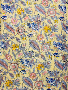 Yellow Grey Blue Hand Block Printed Cotton Fabric Per Meter - F001F2220