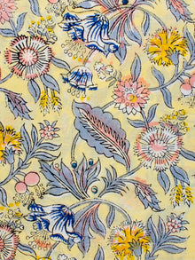 Yellow Grey Blue Hand Block Printed Cotton Fabric Per Meter - F001F2220