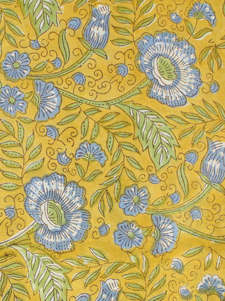 Yellow Blue Hand Block Printed Cotton Fabric Per Meter - F001F2310