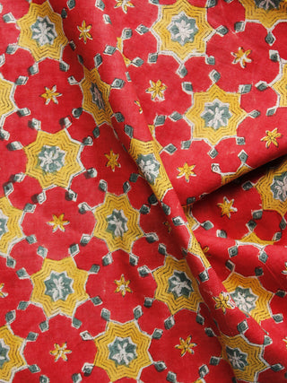 Red Rust Orange Green Hand Block Printed Cotton Fabric Per Meter - F001F1063