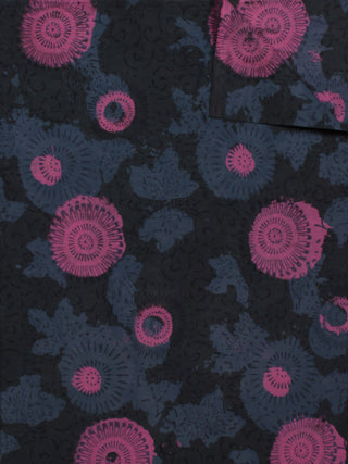 Dark Indigo Pink Grey Blue Hand Block Printed Cotton Fabric Per Meter - F001F784