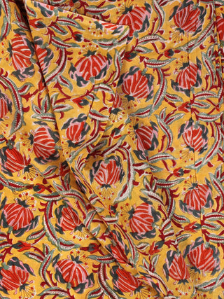 Yellow Red Bottle Green Hand Block Printed Cotton Fabric Per Meter - F001F2357