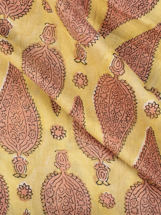 Yellow Coral Hand Block Printed Cotton Fabric Per Meter - F001F2175