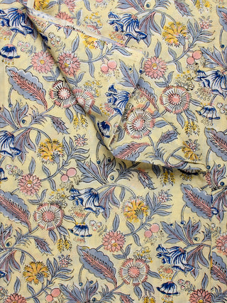 Yellow Grey Blue Hand Block Printed Cotton Fabric Per Meter - F001F2220