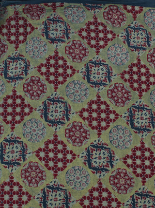 Green Maroon Ivory Blue Ajrakh Block Printed Cotton Fabric Per Meter - F0916690