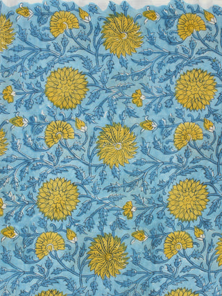 Blue Yellow Hand Block Printed Cotton Fabric Per Meter - F001F2311