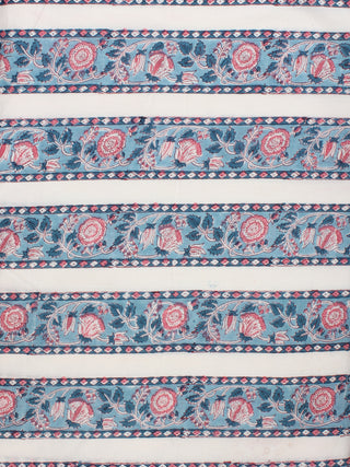Sky Blue Pink White Hand Block Printed Cotton Fabric Per Meter - F001F2221