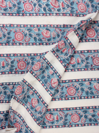 Sky Blue Pink White Hand Block Printed Cotton Fabric Per Meter - F001F2221