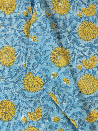 Blue Yellow Hand Block Printed Cotton Fabric Per Meter - F001F2311