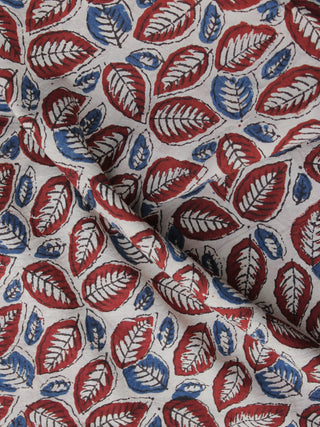 Ivory Red  Blue Hand Block Printed Cotton Fabric Per Meter - F001F1133
