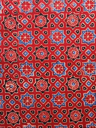 Red Indigo Black Ivory Ajrakh Hand Block Printed Cotton Fabric Per Meter - F003F1593
