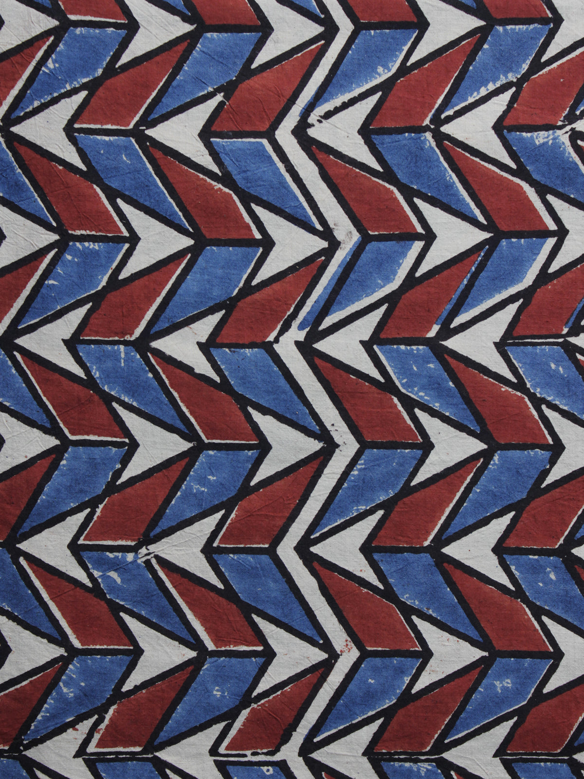 Ivory Red Blue Ajrakh Printed Cotton Fabric Per Meter - F003F1175