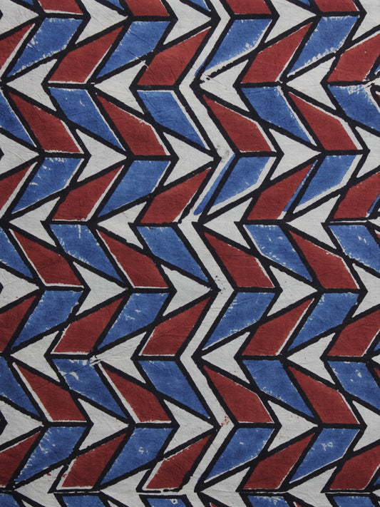 Ivory Red Blue Ajrakh Printed Cotton Fabric Per Meter - F003F1175