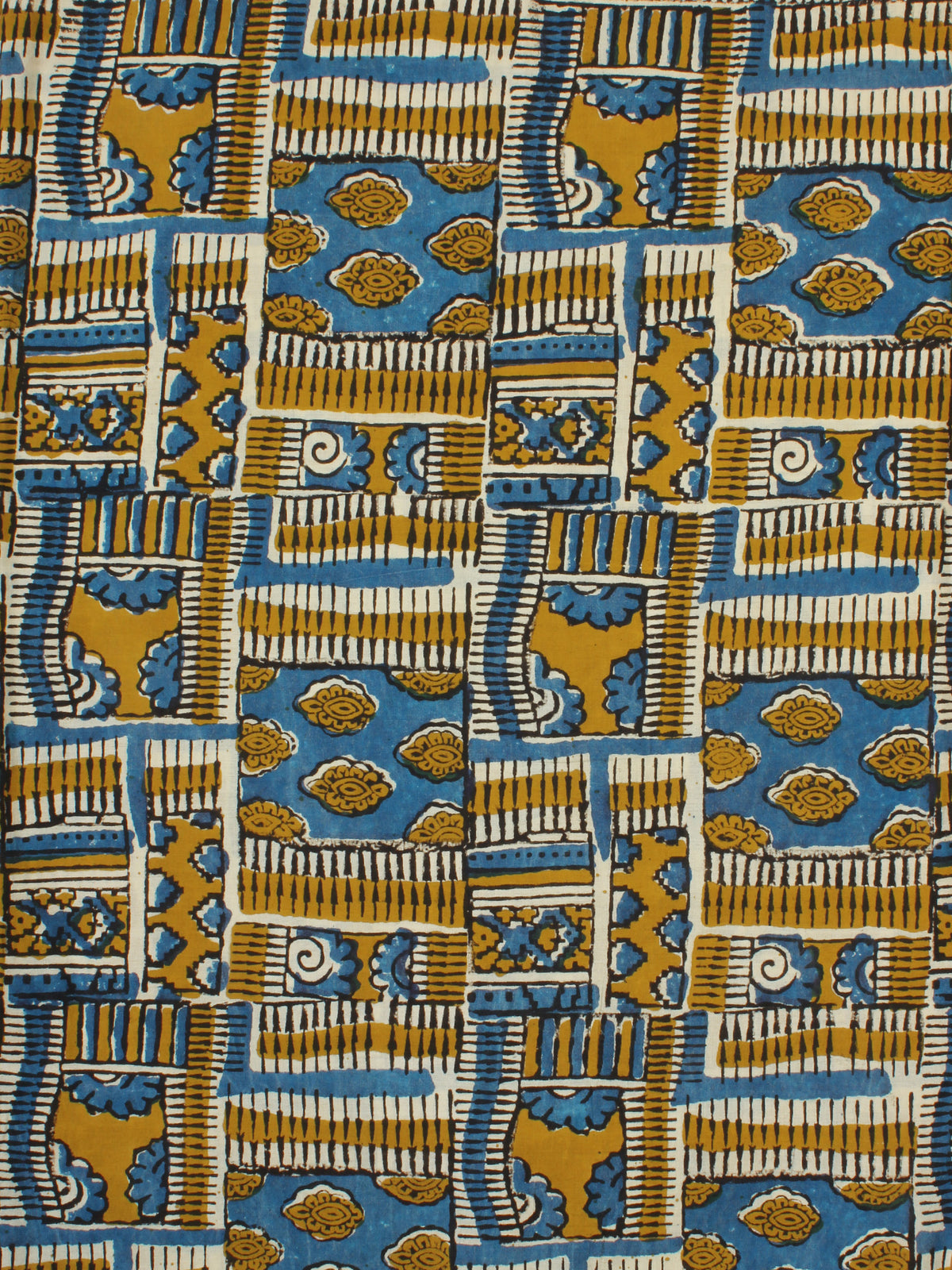 Mustard Indigo Ivory Hand Block Printed Cotton Fabric Per Meter - F001F2257