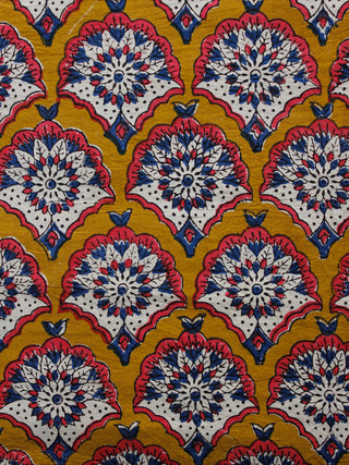 Mustard Indigo White Coral Hand Block Printed Cotton Fabric Per Meter - F001F1349