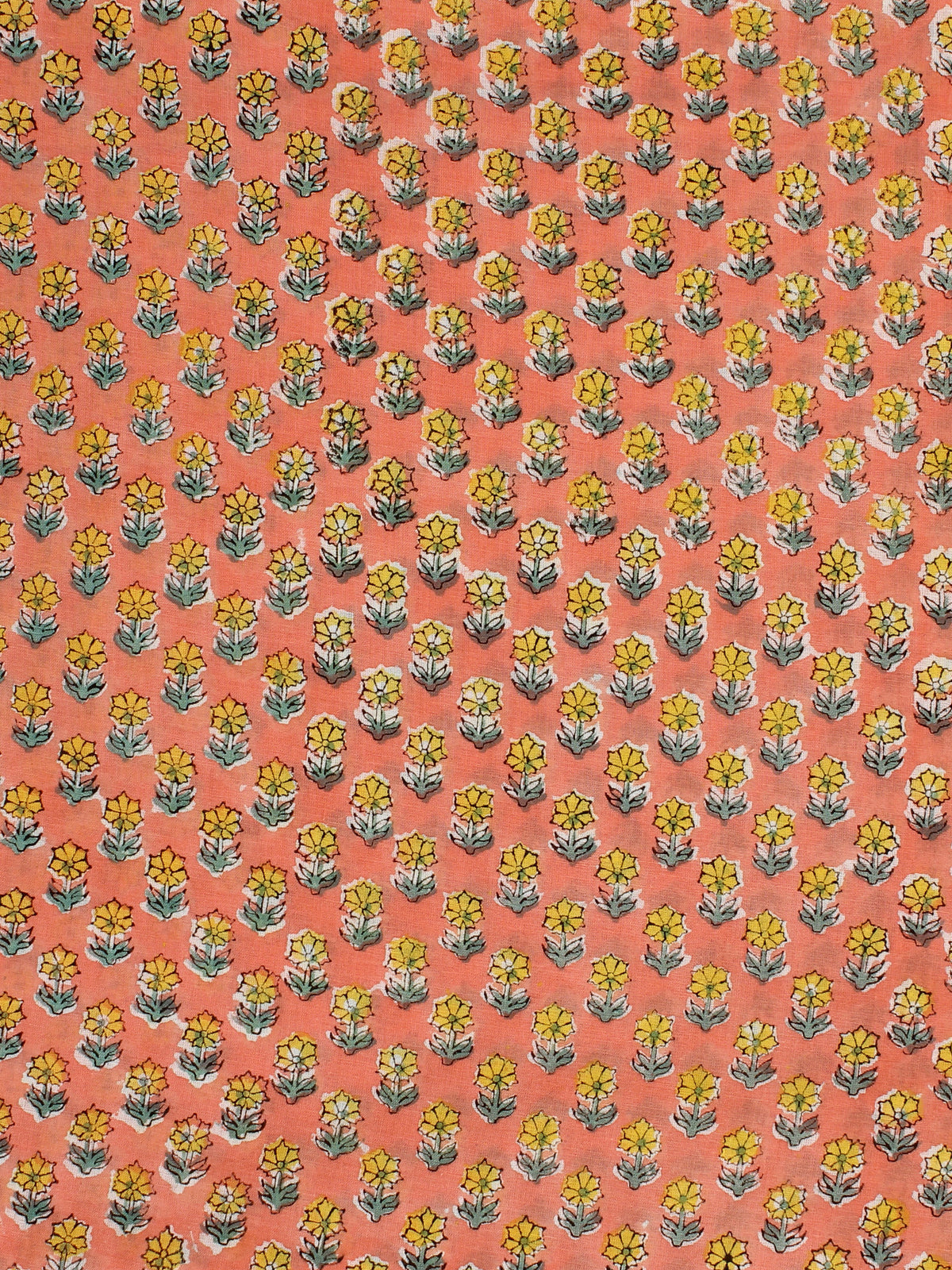 Coral Yellow Green Hand Block Printed Cotton Fabric Per Meter - F001F2312