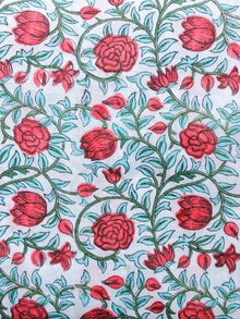 White Sky Blue Pink Green Hand Block Printed Cotton Fabric Per Meter - F001F1497