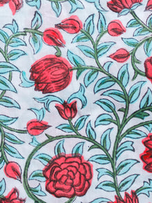 White Sky Blue Pink Green Hand Block Printed Cotton Fabric Per Meter - F001F1497