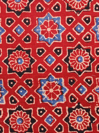 Red Indigo Black Ivory Ajrakh Hand Block Printed Cotton Fabric Per Meter - F003F1593