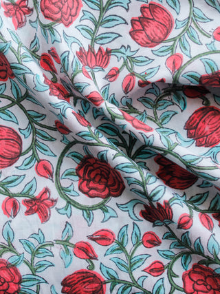 White Sky Blue Pink Green Hand Block Printed Cotton Fabric Per Meter - F001F1497