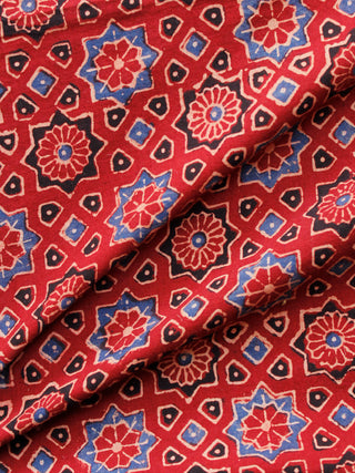 Red Indigo Black Ivory Ajrakh Hand Block Printed Cotton Fabric Per Meter - F003F1593