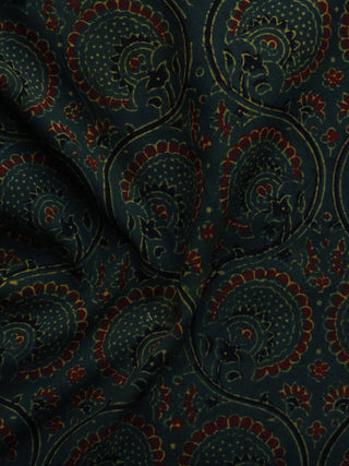 Green Brown Black Ajrakh Hand Block Printed Cotton Blouse Fabric - BPA019