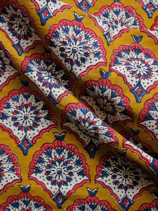 Mustard Indigo White Coral Hand Block Printed Cotton Fabric Per Meter - F001F1349